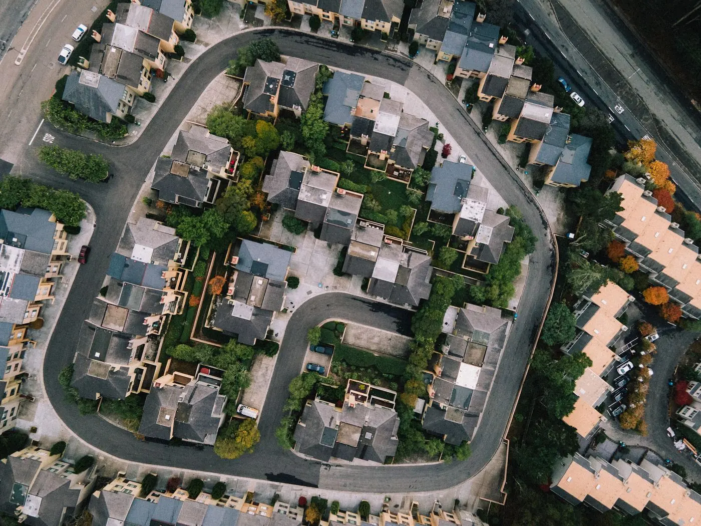 Aerial view of suburban streets and homes