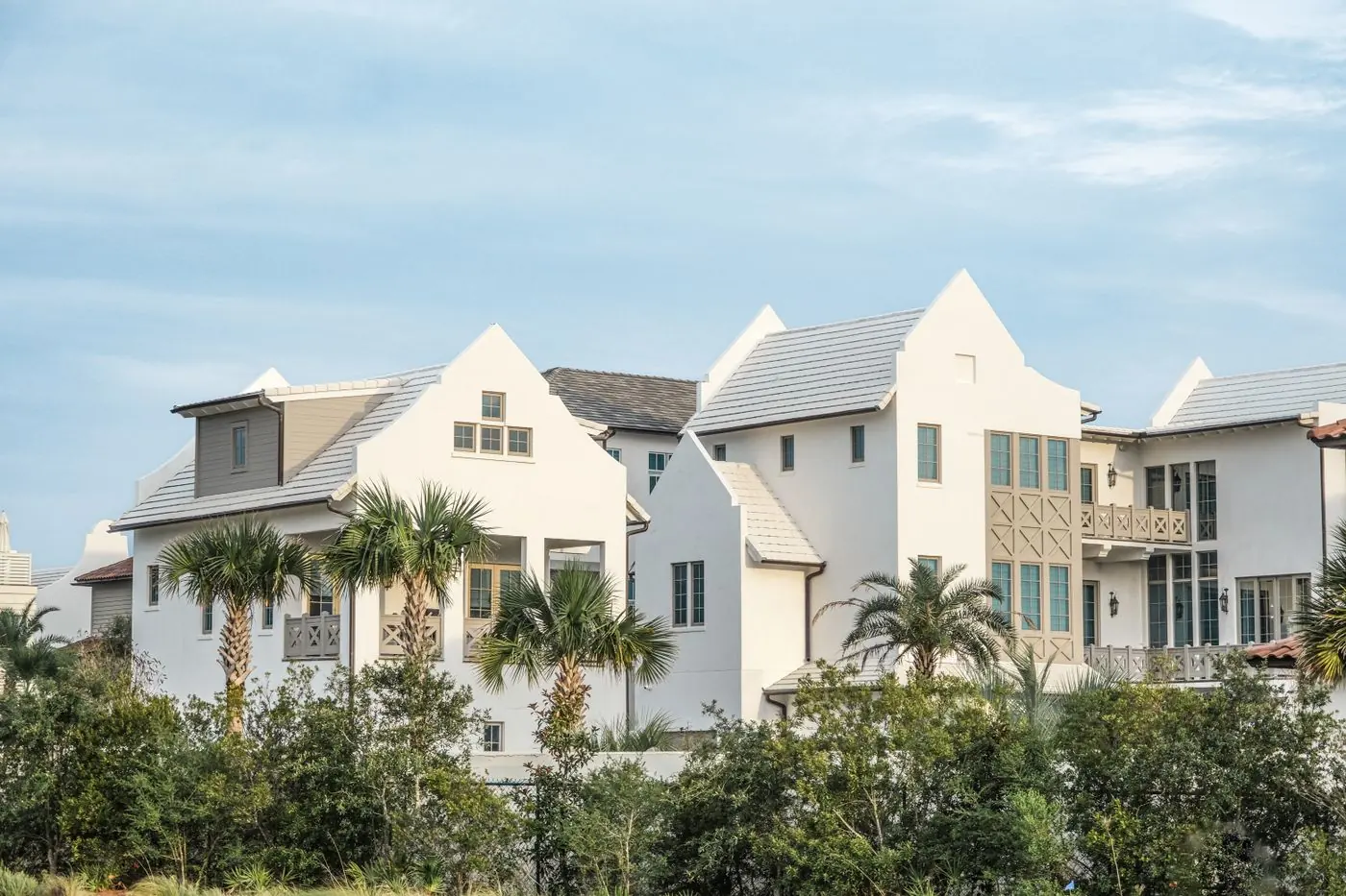 Row of homes with palm trees in front